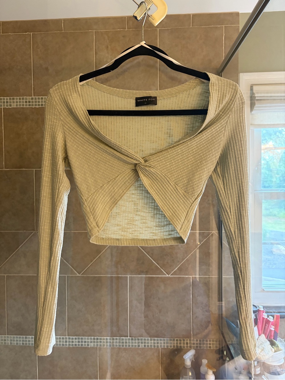 White Fox Boutique Taupe Ribbed Twist-Front Long Sleeve Crop Top